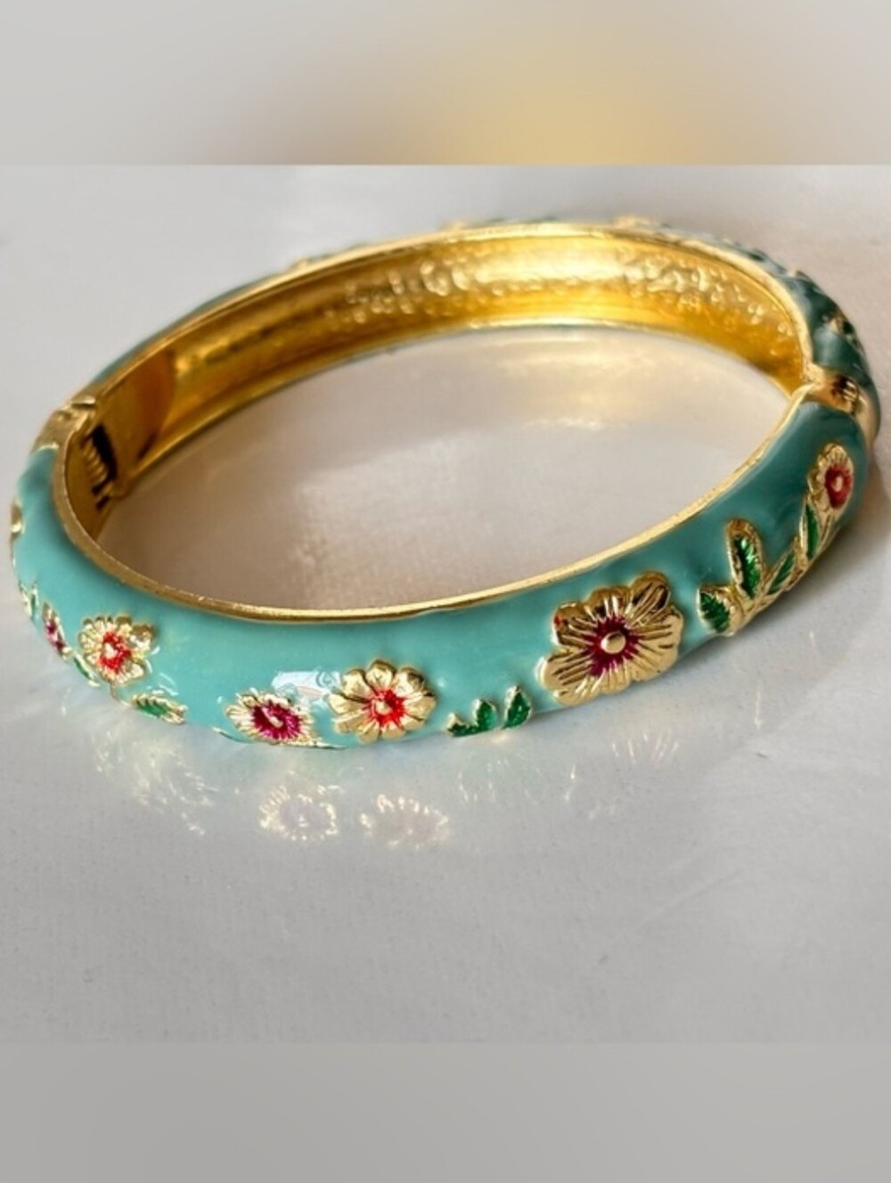 Vintage Jiu Long Xing Turquoise Floral Cloisonné Enamel Clamper Bangle Bracelet
